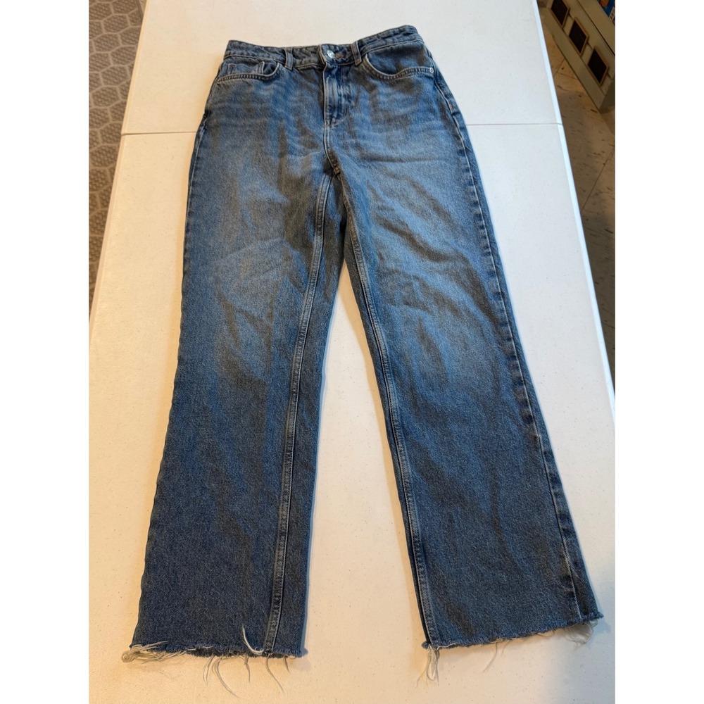 Zara High Waisted Wide Leg Jeans Blue Raw Hem 6164/166/405 Womens Size 4 MEX 26